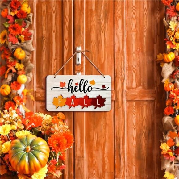 Hello Fall Winter Spring Summer Sign Rustic Wood Decor Farmhouse Wall Hanging - Picture 5 of 8